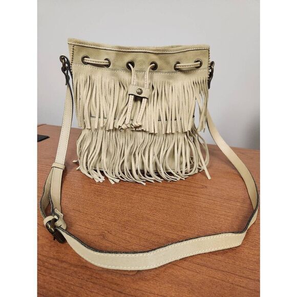 Patricia Nash Tan Suede Leather Fringe Bronte Bucket Crossbody Shoulder Bag - Picture 1 of 14